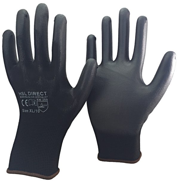 Nitrile Coated Thin PU Black Gloves, Pack of 12-0